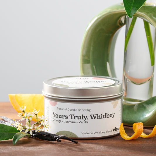 Yours Truly, Whidbey scented soy candle in a 6oz metal tin.