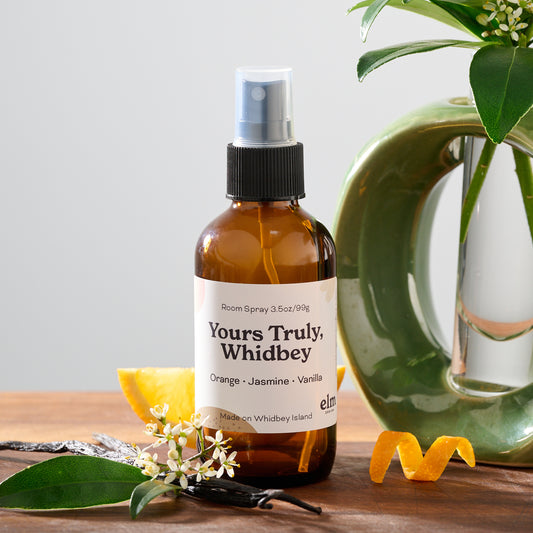 Yours Truly, Whidbey room spray in a 3.5oz amber glass jar.