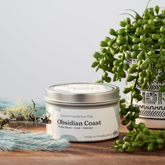 Obsidian Coast scented soy candle in a 6oz metal tin.