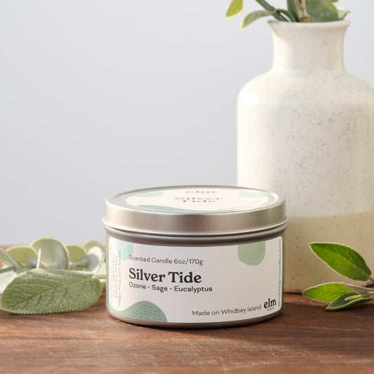 Silver Tide scented soy candle in a 6oz metal tin.