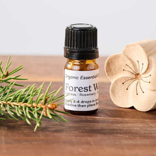 Forest Walk Organic Essential Oil Car Diffuser with Beechwood Flower and metal clip.