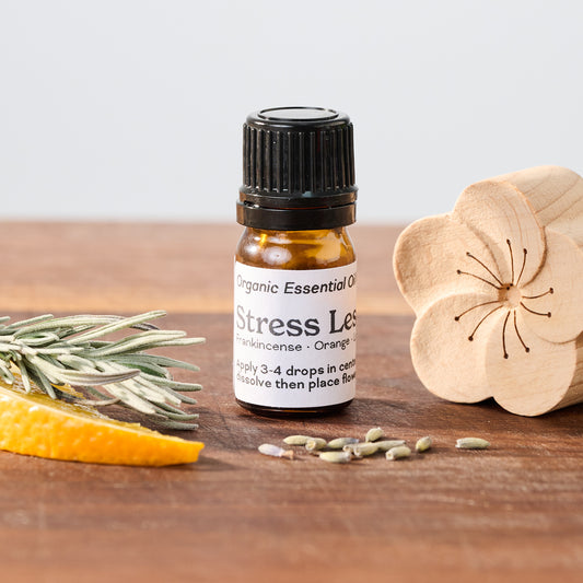 Stress Less Organic Aromatherapy Essential Oil Car Diffuser Set with Beechwood flower and Magnetic Car vent clip.