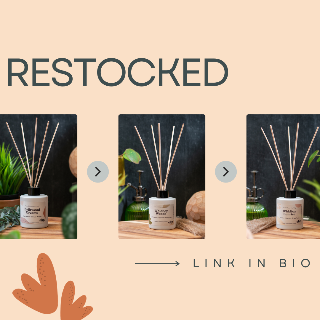a social media post stating "Restocked - link in bio" over three pictures of reed diffusers"