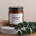 Load image into Gallery viewer, Driftwood Dreams scented soy candle in colorfully labeled 8 oz container.