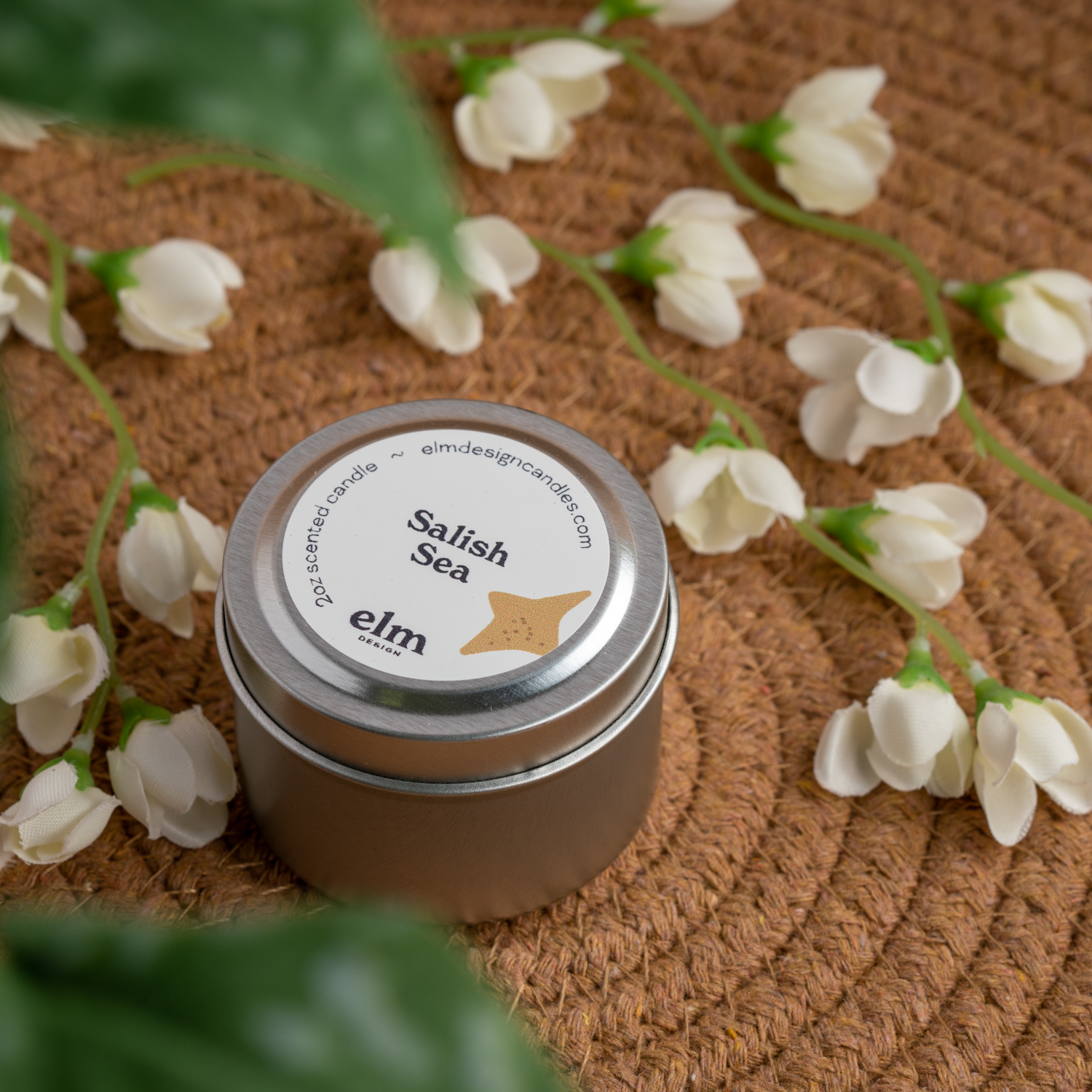 Salish Sea scented soy candle in colorfully labeled 2 oz container.
