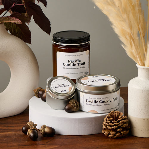 Elm Designs Pacific Cookie Trail scented candle in 8oz, 6oz, & 2oz sizes.