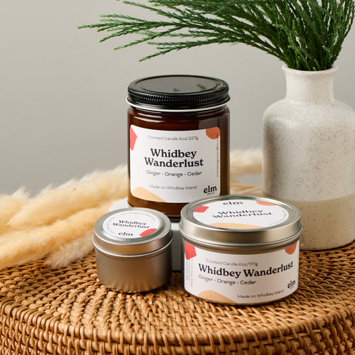 Elm Designs Whidbey Wanderlust scented candle in 8oz, 6oz, & 2oz sizes.