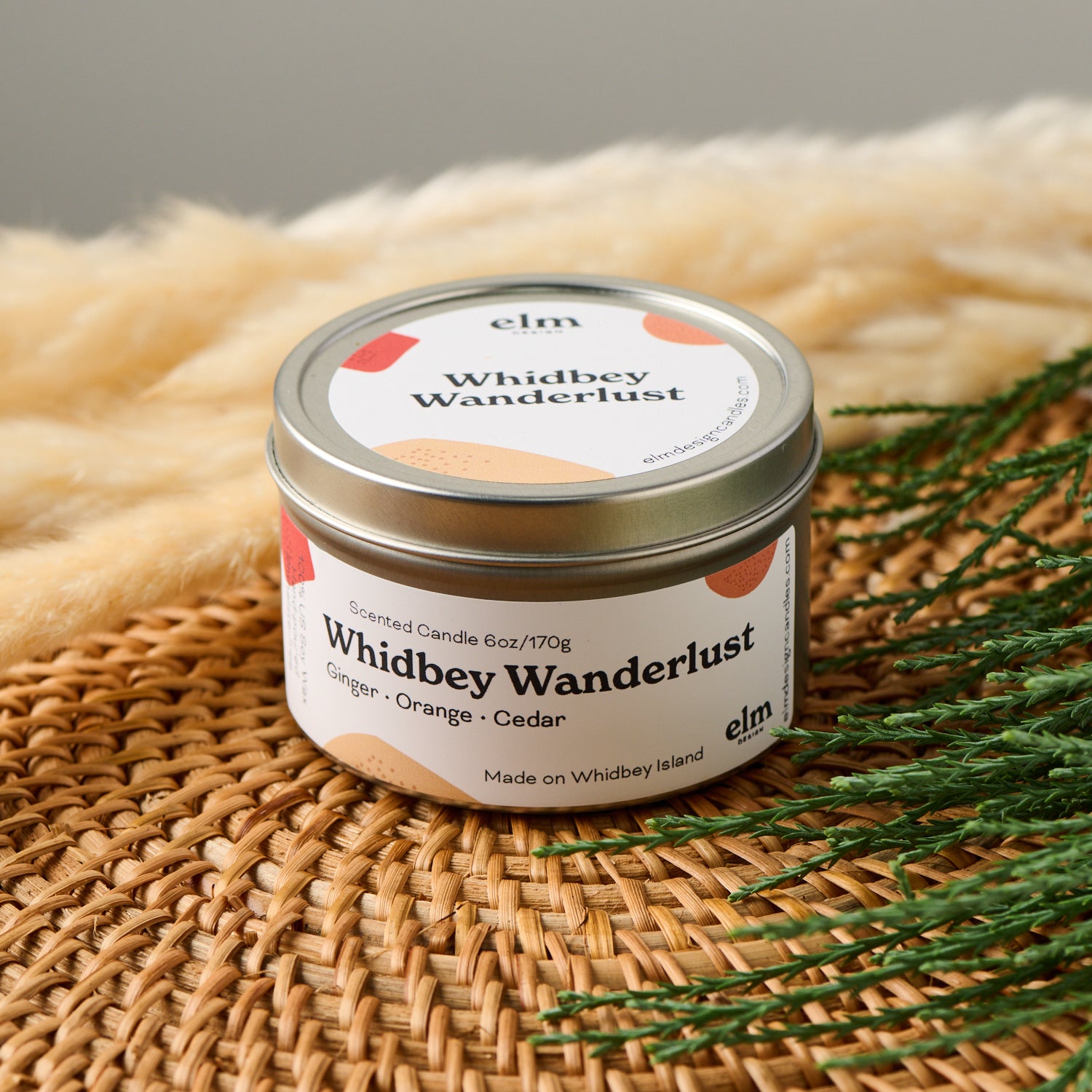 Elm Designs Whidbey Wanderlust scented candle in a 6oz metal tin.