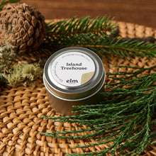 Load image into Gallery viewer, Elm Designs Island Treehouse scented candle in 2oz metal tin.
