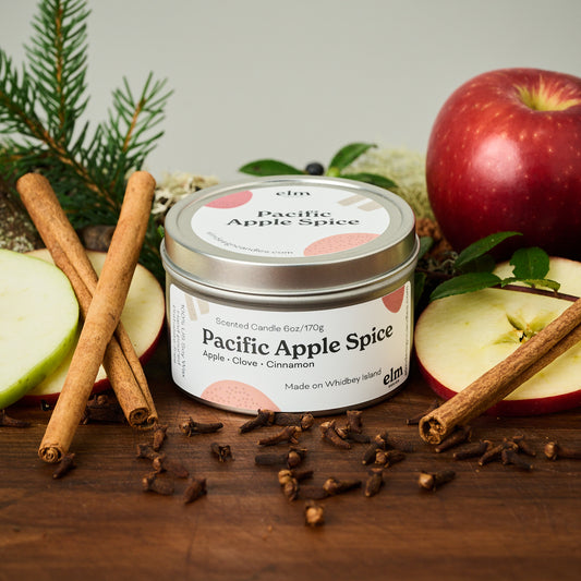 Elm Design's scented candle "Pacific Apple Spice" in a 6oz metal tin.