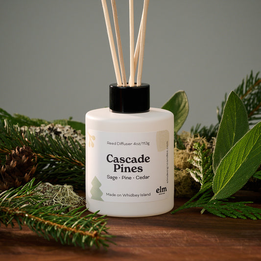 Elm Design's "Cascade Pines" in a 4oz reed diffuser.