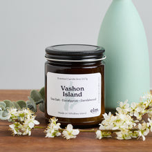 Load image into Gallery viewer, Elm Design Candles scented candle in Vashon Island scent in 8oz amber glass jar.
