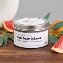 Load image into Gallery viewer, Elm Design Candles scented candle in San Juan Island scent in 6oz metal tin.
