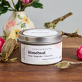 Load image into Gallery viewer, Elm Design Candles' scented candle Rosebud in an 6oz metal tin.
