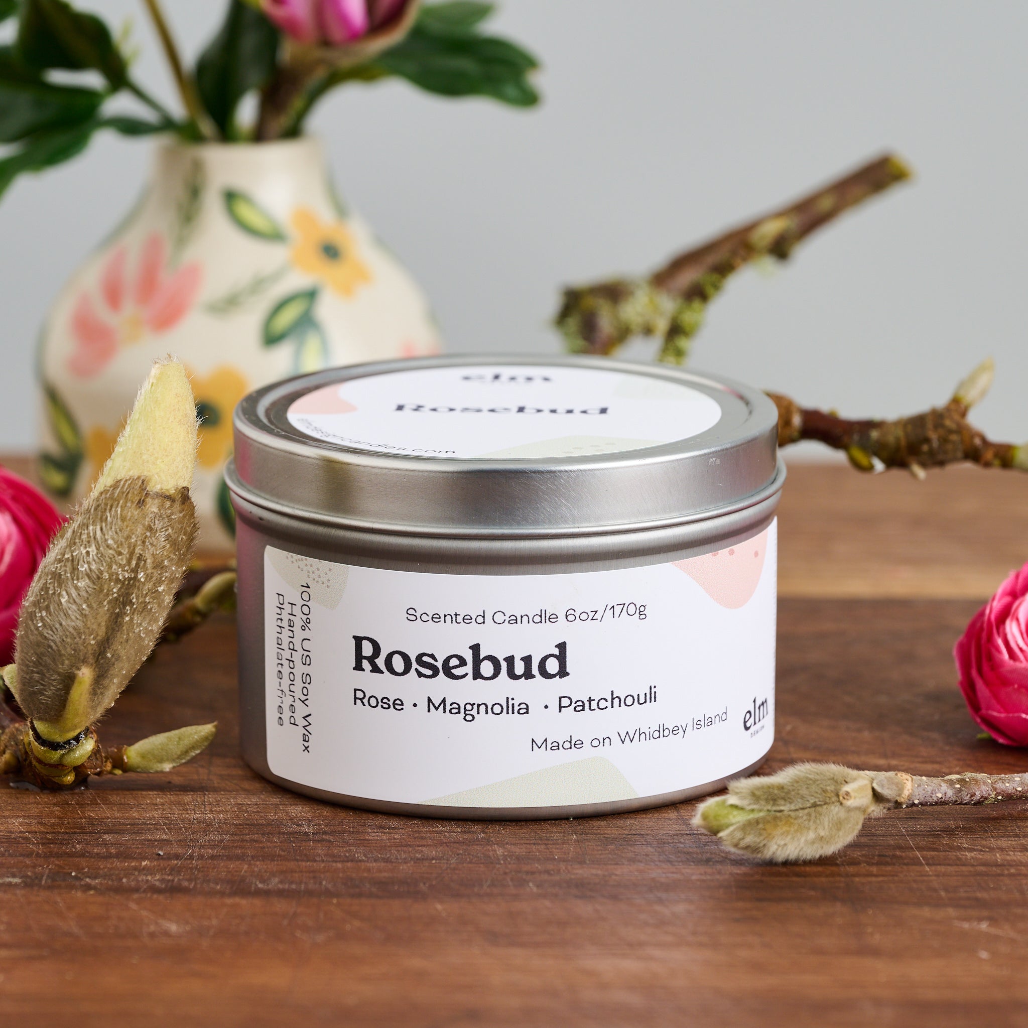 Elm Design Candles' scented candle Rosebud in an 6oz metal tin.