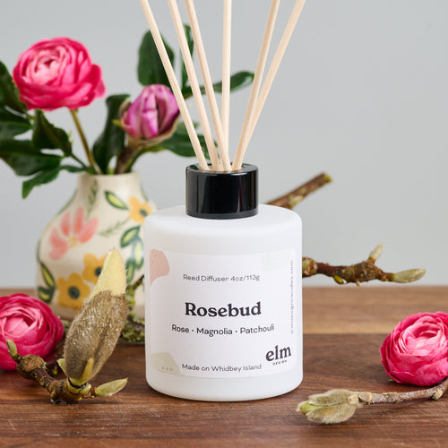 Elm Design Candles' scent Rosebud in a 4oz Reed Diffuser.
