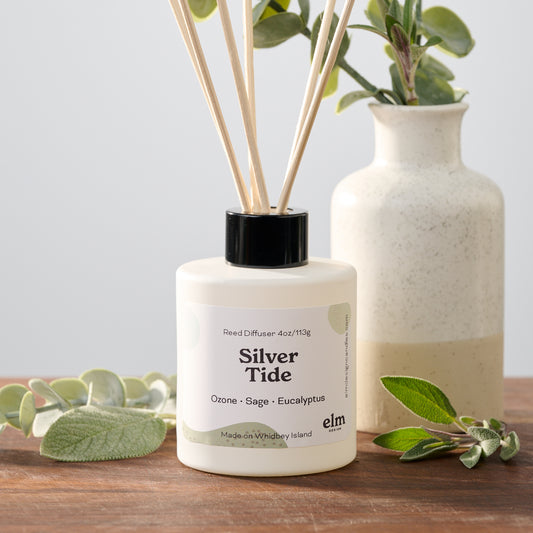 Silver Tide reed diffuser in a 4oz white glass jar with reeds.