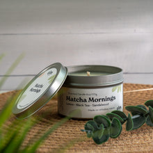 Load image into Gallery viewer, Matcha Mornings scented soy candle in colorfully labeled 6 oz container.
