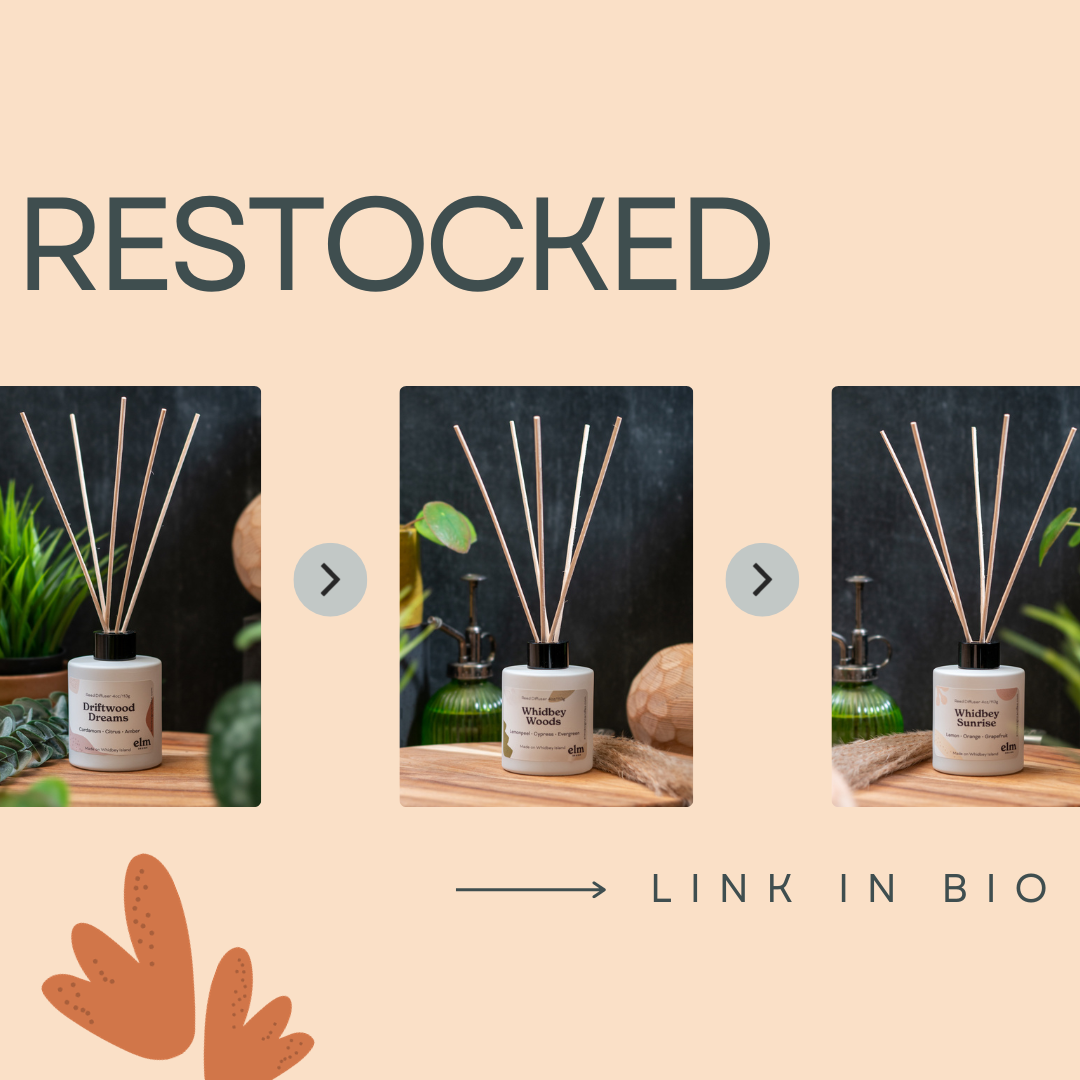 a social media post stating "Restocked - link in bio" over three pictures of reed diffusers" 