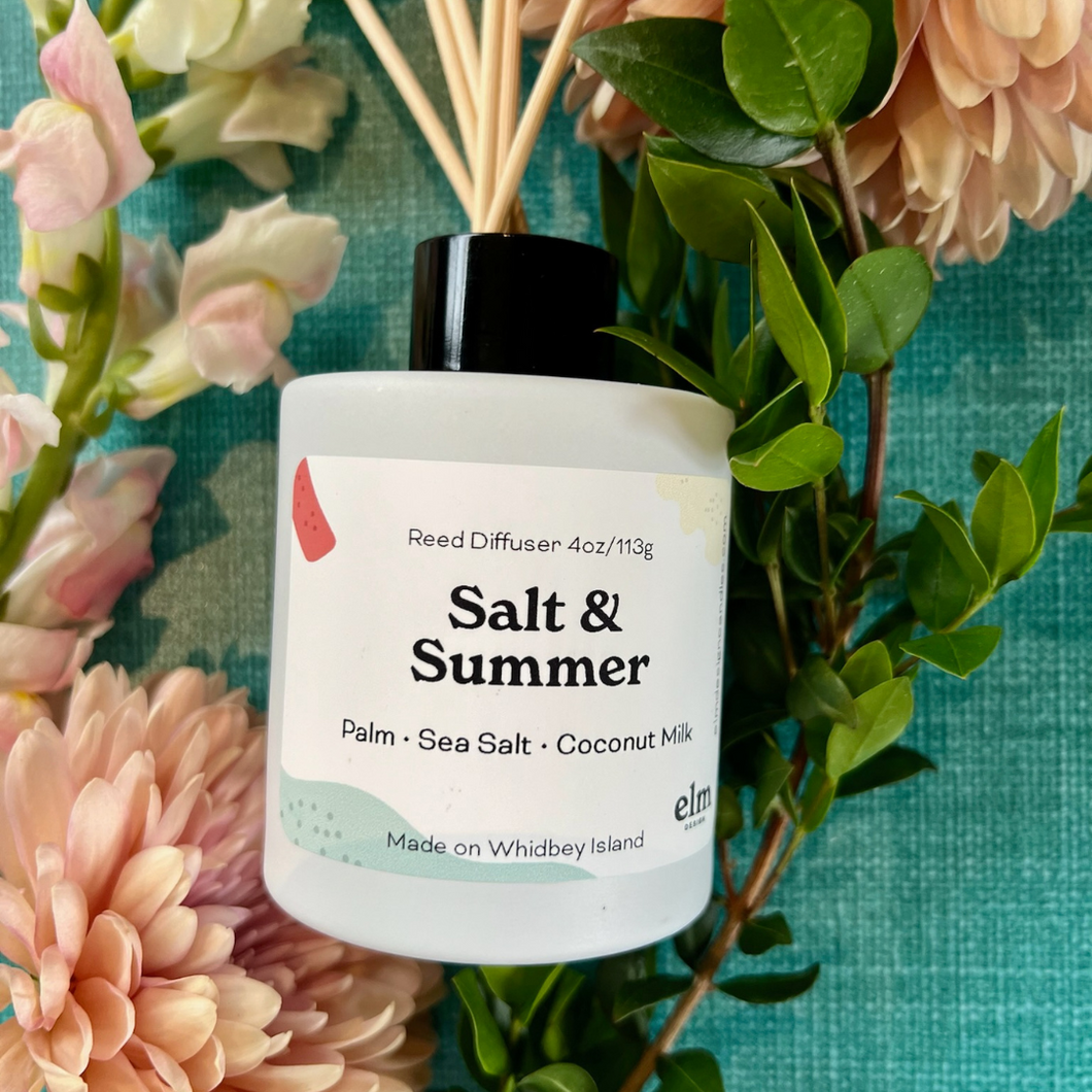 Elm Design's Salt & Summer scent in a 4oz reed diffuser.