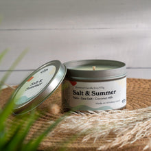 Load image into Gallery viewer, Salt &amp; Summer scented soy candle in colorfully labeled 6 oz container.

