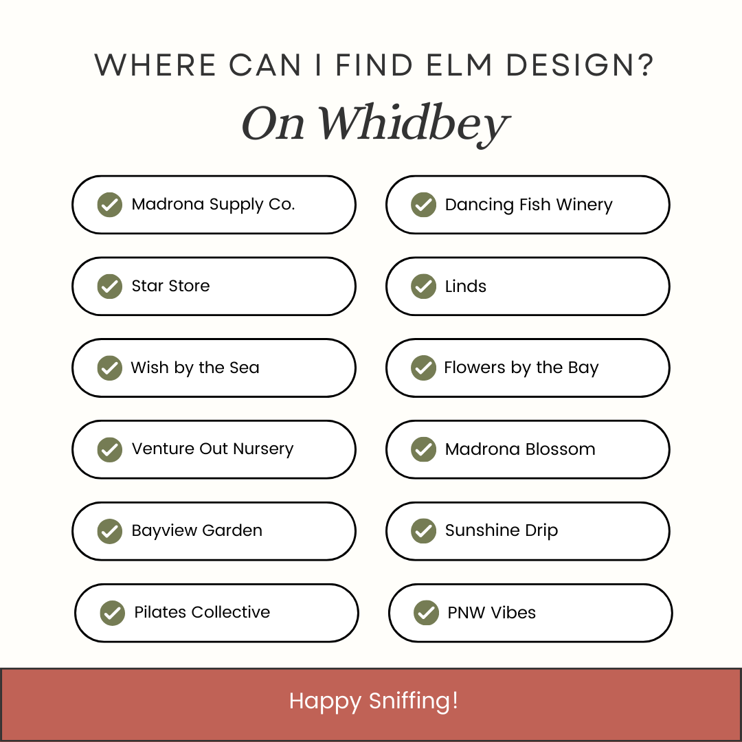 A social media image that says " Where can I find elm deign on Whidbey" this lists all the locations of stores