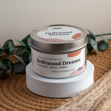 Load image into Gallery viewer, Driftwood Dreams scented soy candle in colorfully labeled 6 oz container.

