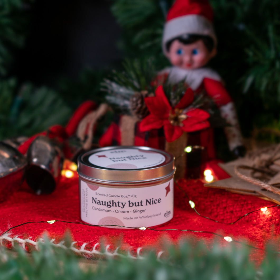 Naughty but Nice scented soy candle in colorfully labeled 6 oz container.