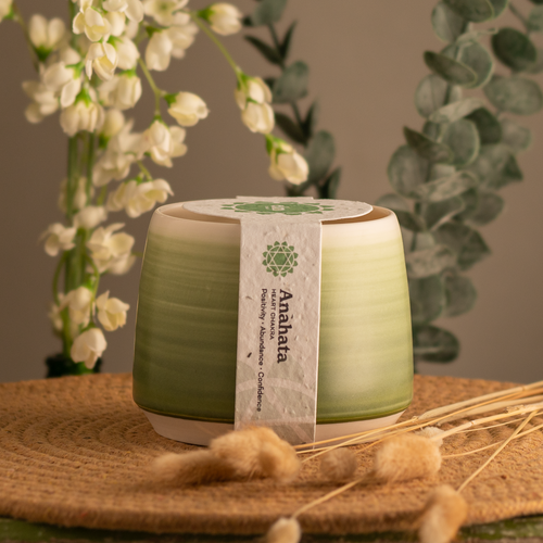 20oz Heart Chakra scented soy candle, in a hand crafted green Briggs Shore ceramic vessel.