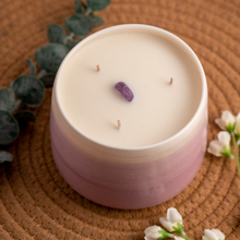 Load image into Gallery viewer, 20oz Crown Chakra scented soy candle, in a hand crafted purple Briggs Shore ceramic vessel.

