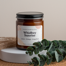Load image into Gallery viewer, Whidbey Sunrise scented soy candle in colorfully labeled 8 oz container.
